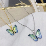 Butterfly Aqua Blue Green Crystal Silver Stainless Steel Pendant Chain for Women