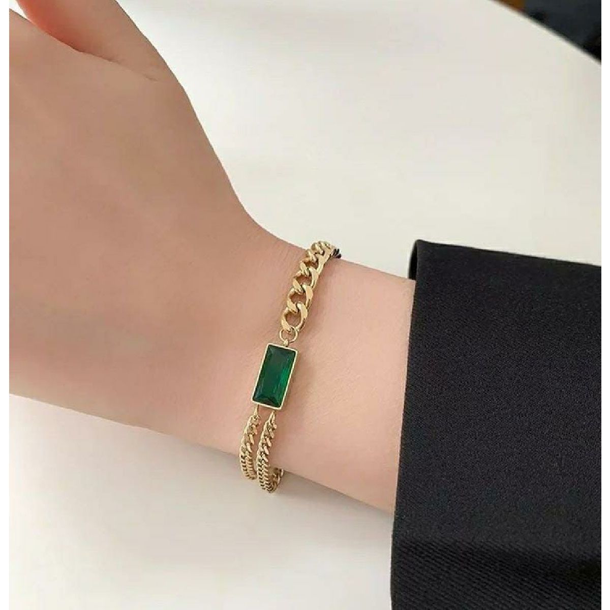 Emerald Green Curb Layered Links 18K Gold Chain Bracelet for Women  ZIVOM