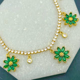 Green Flower Tennis Solitaire Cubic Zirconia 18K Gold Charms Necklace for Women
