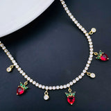 Red Strawberry Tennis Solitaire Cubic Zirconia 18K Gold Charms Necklace for Women
