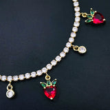 Red Strawberry Tennis Solitaire Cubic Zirconia 18K Gold Charms Necklace for Women