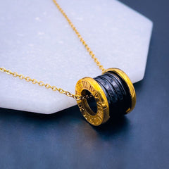 Roman Numbers Black Ring 18K Gold Stainless Steel Necklace Pendant Chain Women 