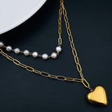 Dual Layer Pearl 18K Gold Paper Clip Links Stainless Steel Necklace Chain for Women