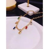 Rainbow Multi Color Baguette 18K Links Stainless Steel Chain Necklace for Women