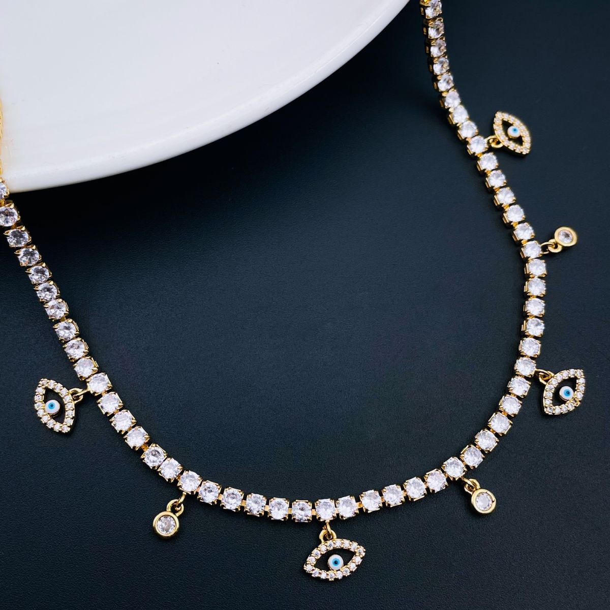 Oval Evil Eye Tennis Solitaire Cubic Zirconia 18K Gold Dainty Charms Necklace for Women 