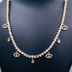 Oval Evil Eye Tennis Solitaire Cubic Zirconia 18K Gold Dainty Charms Necklace for Women