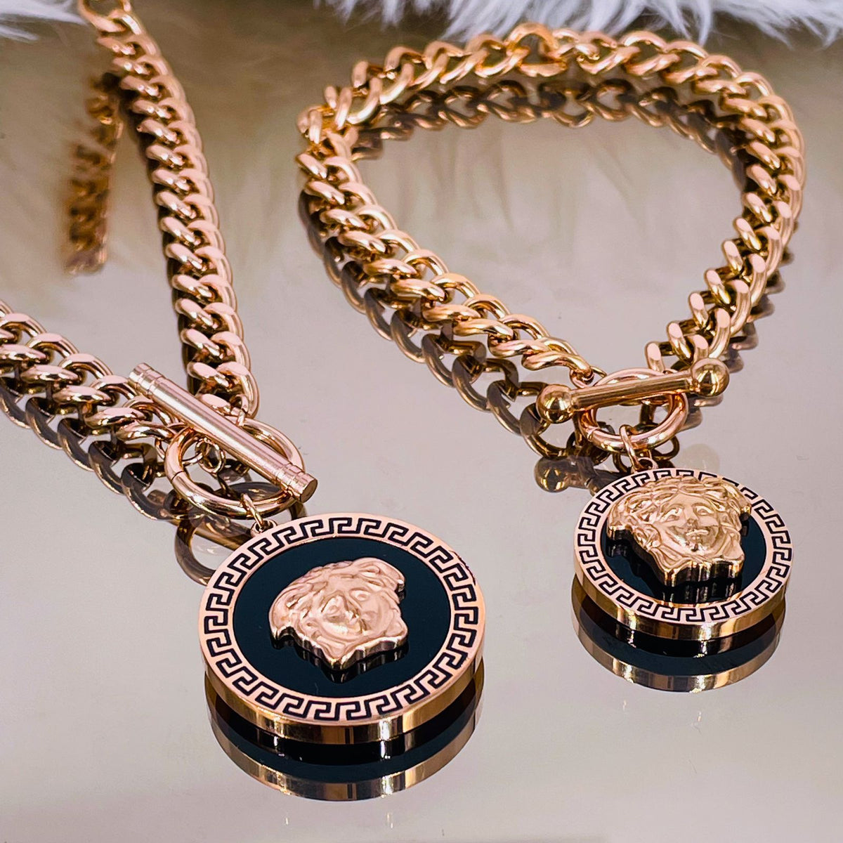 Medusa Mother Of Pearl Stainless Steel Rose Gold Black Curb Chain Bracelet Necklace Combo Women