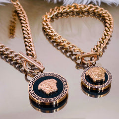 Medusa Mother Of Pearl Stainless Steel Rose Gold Black Curb Chain Bracelet Necklace Combo Women