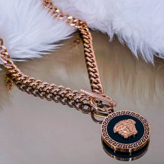 Medusa Mother Of Pearl Stainless Steel Rose Gold Black Curb Chain Bracelet Necklace Combo Women