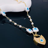 Mother of Pearl Evil Eye Lock Cubic Zirconia 18K Gold Necklace for Women