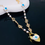 Star Mother of Pearl Evil Eye Heart Lock Cubic Zirconia 18K Gold Necklace for Women