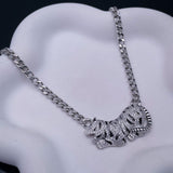 Tiger Panther Cubic Zirconia Black Enamel Silver Curb Chain Necklace for Women