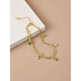 Dual Layer Curb Emerald Zircon 18K Gold Anti Tarnish Stainless Steel Necklace for Women