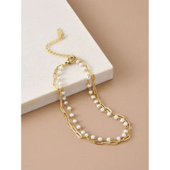 Dual Layer Pearl Paper Clip Chain 18K Gold Stainless Steel Anti Tarnish Necklace for Women