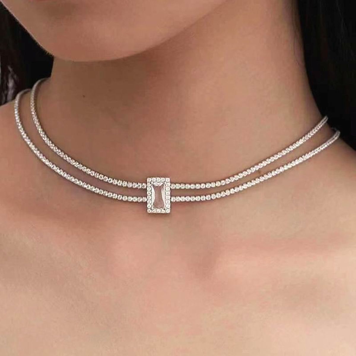 Dual Layer Emerald Cut Cubic Zirconia Solitaire Tennis Necklace for Women