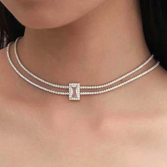Dual Layer Emerald Cut Cubic Zirconia Solitaire Tennis Necklace for Women