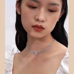 Dual Layer Emerald Cut Cubic Zirconia Solitaire Tennis Necklace for Women
