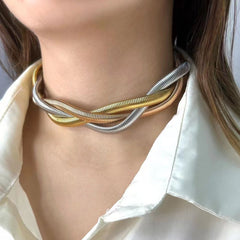 Cobra Snake Anti Tarnish 18K Gold Stainless Steel Braided Twisted Necklace for Women