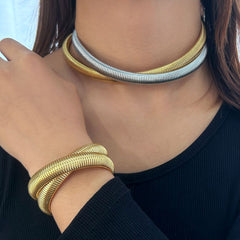 Dual Wrap Layer Snake Smooth 18K Gold Anti Tarnish Stainless Steel Choker Necklace For Women