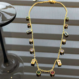 Rainbow Multi Color Charms Cubic Zirconia 18K Gold Necklace Chain for Women