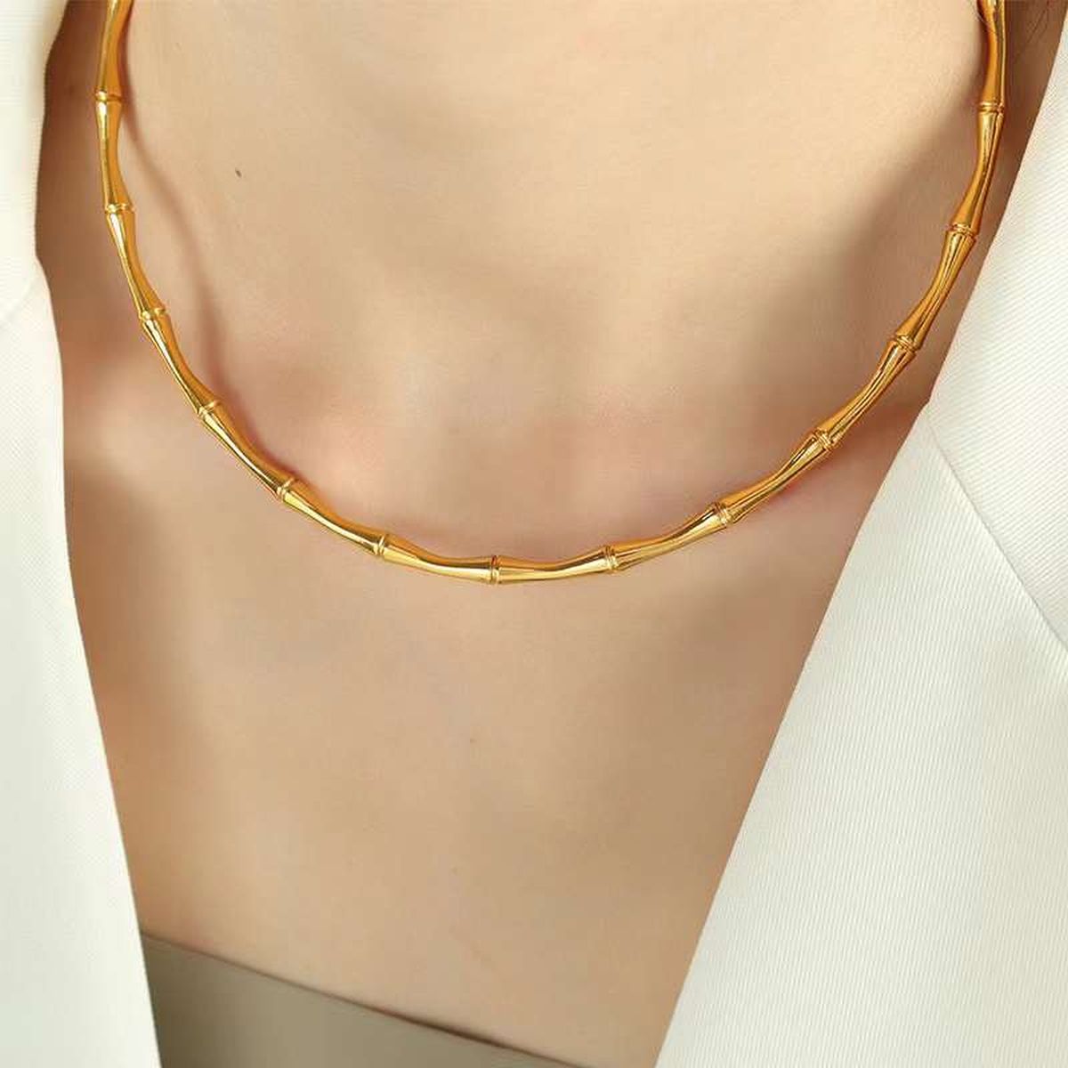 Bamboo 18K Gold Stainless Steel Anti Tarnish Choker Necklace For Women
