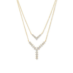 Copper Y Shape Solitaires Cubic Zirconia Gold Link Chain Layer Necklace For Women