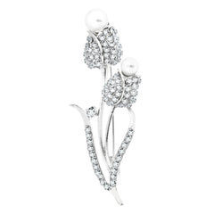 Flower Bouquet Cz Pearl Rhodium Brass Brooch Badge Pin Needle