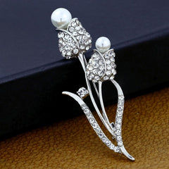 Flower Bouquet Cz Pearl Rhodium Brass Brooch Badge Pin Needle