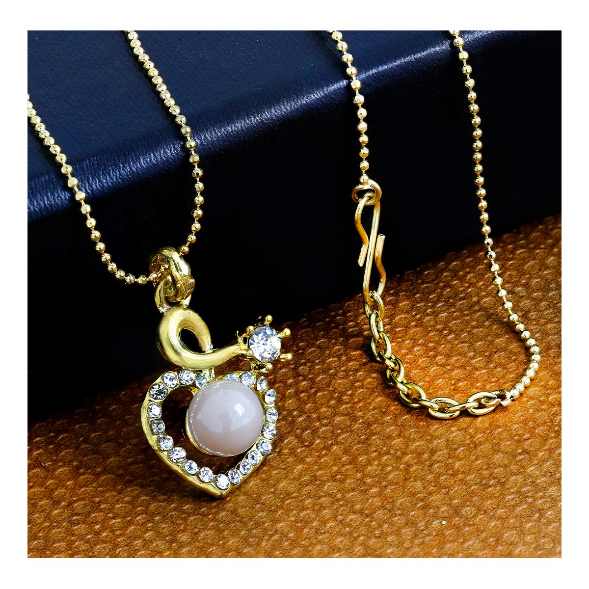 Heart Pink 18K Gold American Diamond Pearl Necklace Pendant Chain