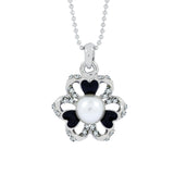 Enamel Cz Flower Black American Diamond Pearl Necklace Pendant Chain