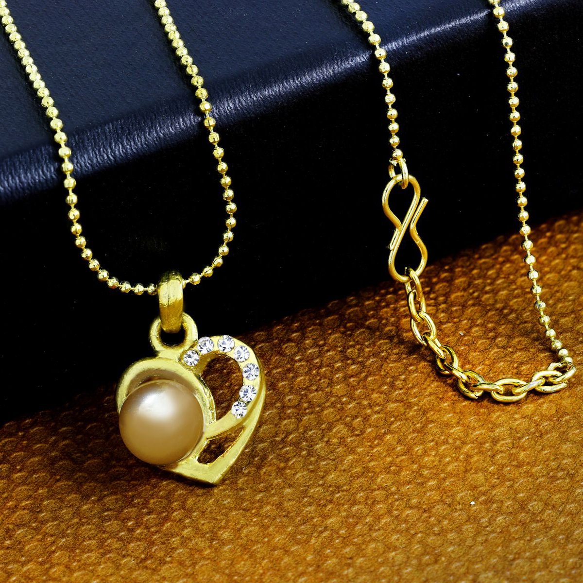 Heart Cz 18K Gold American Diamond Pearl Necklace Pendant Chain