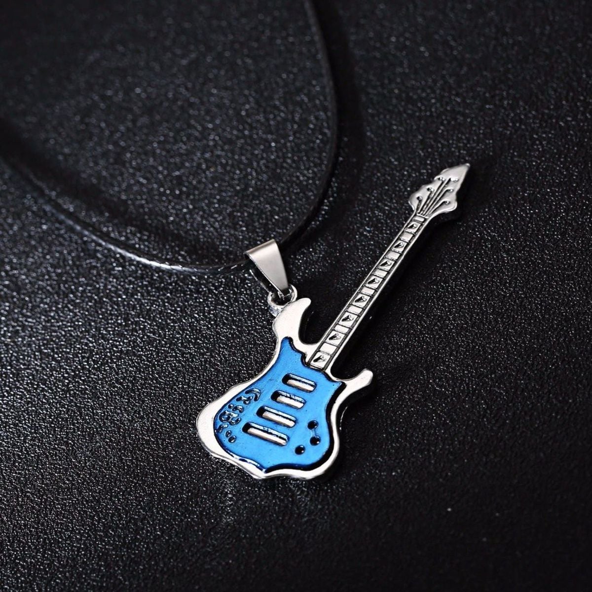 Funky Music Guitar Blue Stainless Steel Pendant Necklace Chain
