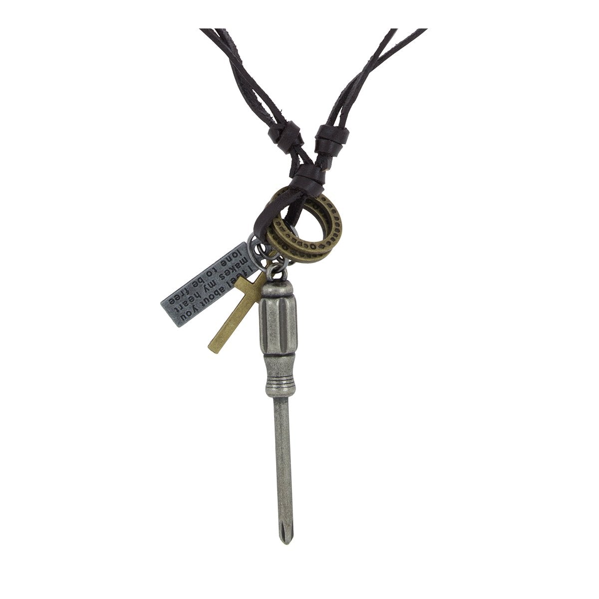 Screw Driver Cross Vintage Dog Tag Oxidised Leather Pendant Chain
