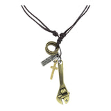 Pipe Wrench Cross Bronze Vintage Dog Tag Leather Pendant Chain For