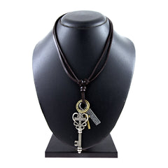 Key Cross Bronze Vintage Dog Tag Oxidised Leather Pendant Chain