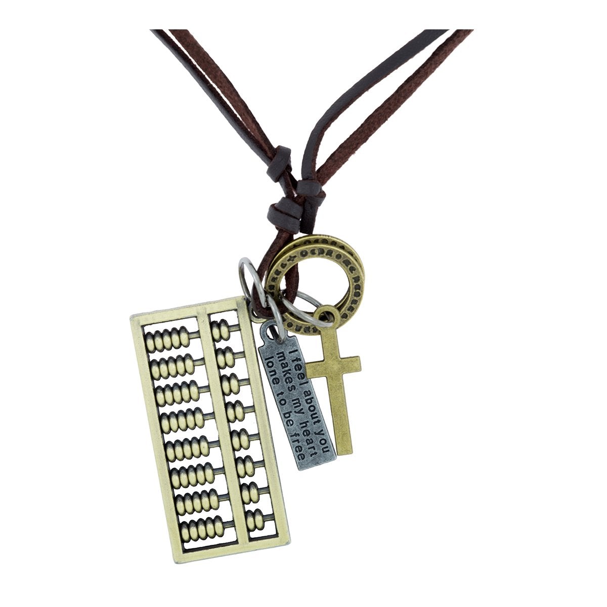 Abacus Cross Bronze Vintage Antique Dog Tag Leather Pendant Chain For