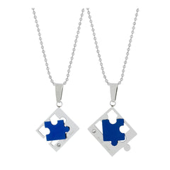 Love Puzzle Blue Silver Stainless Steel Couple Pendant Chain Necklace