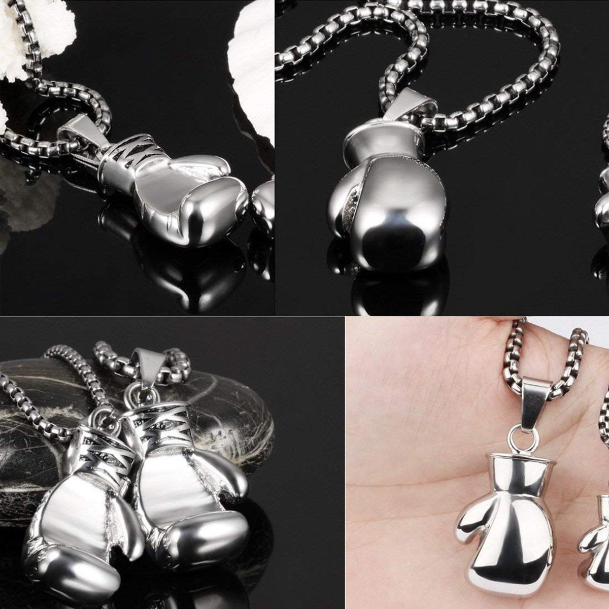 Glossy Boxing Glove Silver Rhodium Stainless Steel Pendant Chain