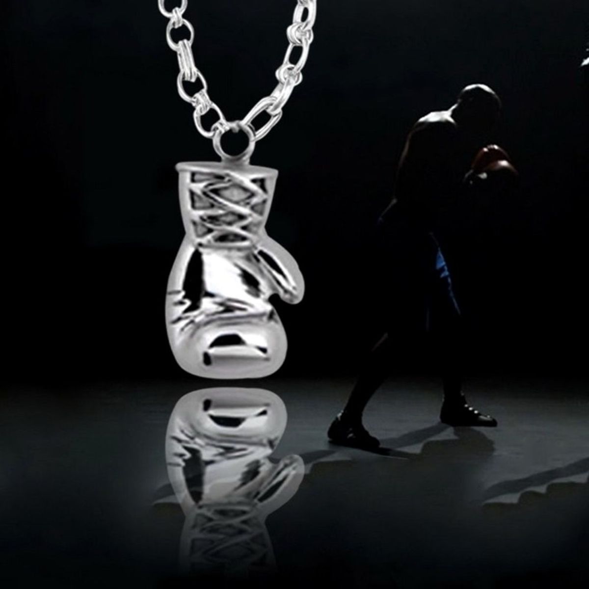 Glossy Boxing Glove Silver Rhodium Stainless Steel Pendant Chain