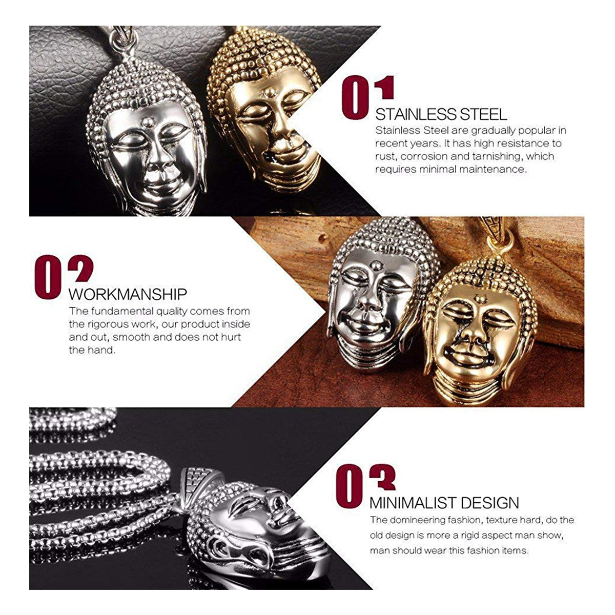 Glossy Religious Buddha Silver Rhodium Stainless Steel Pendant Chain