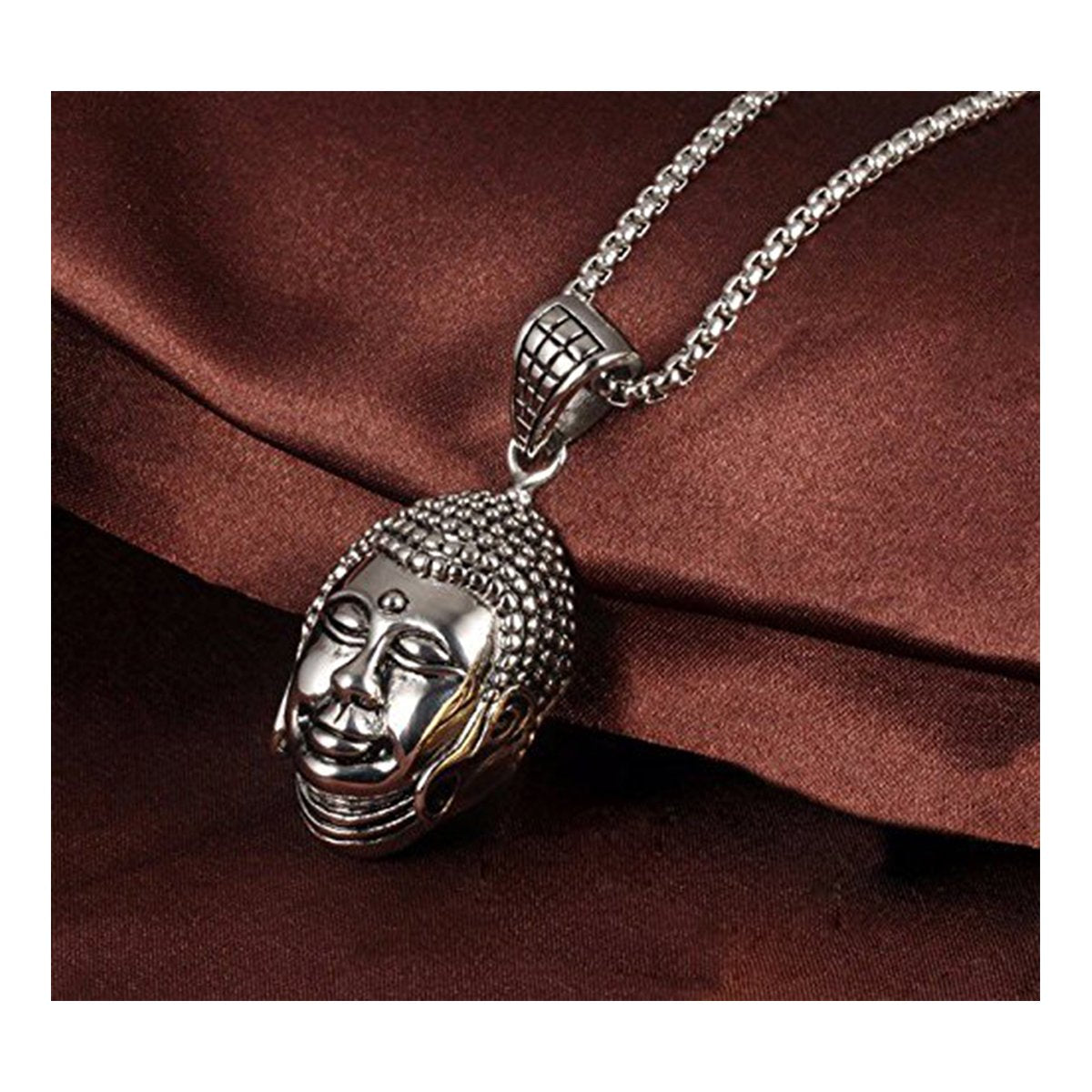 Glossy Religious Buddha Silver Rhodium Stainless Steel Pendant Chain