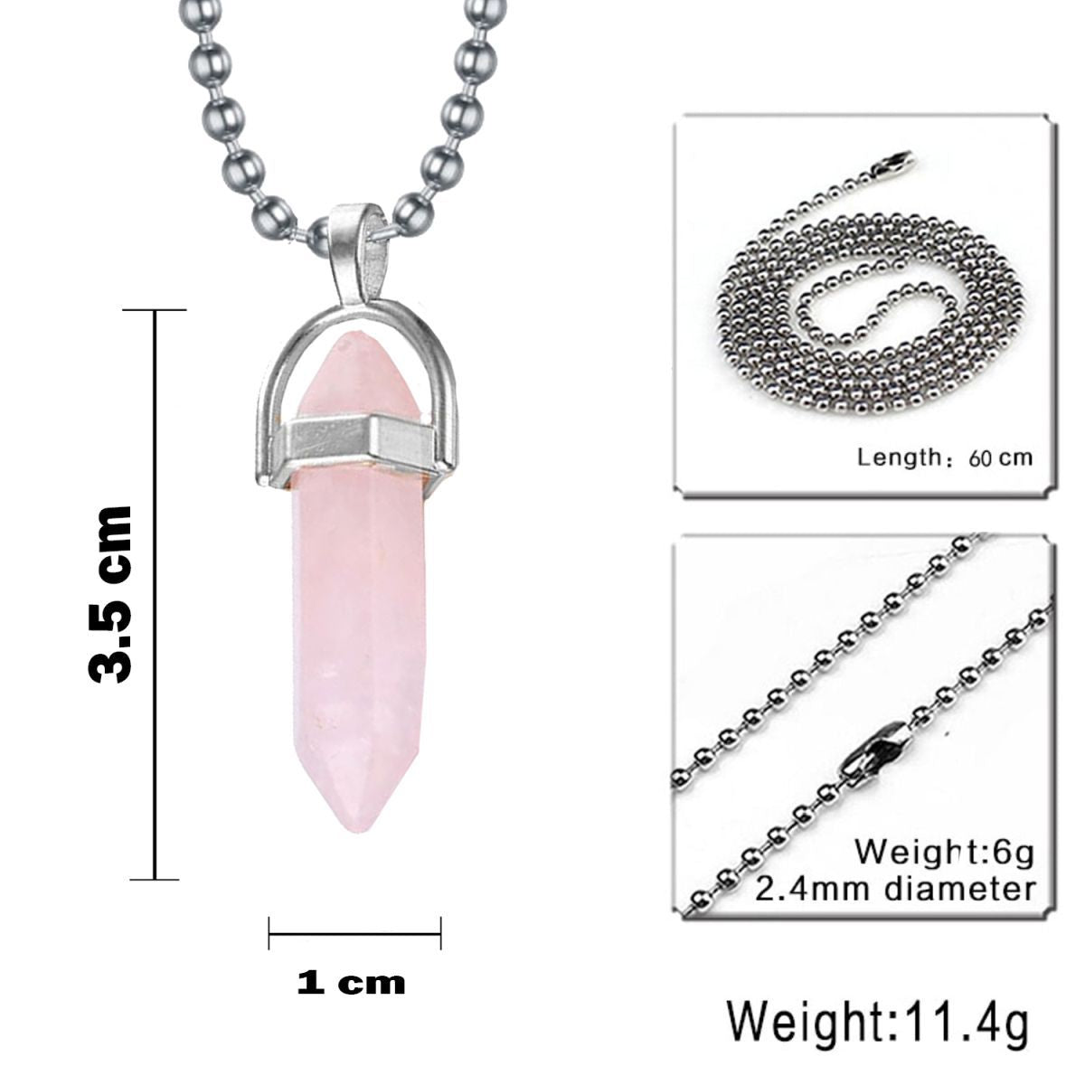 Gemstone Bullet Pendant Healing Quartz Crystal St Steel Chain Men