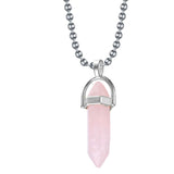 Bullet Pencil Natural Rose Pink Quartz Crystal Stone Pendant Chain