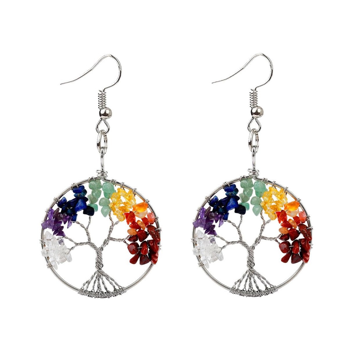 Tree Of Life Natural 7 Chakra Reiki Heaing Crystal Stones Silver Dangler Earring Pair Girls