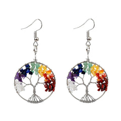 Tree Of Life Natural 7 Chakra Reiki Heaing Crystal Stones Silver Dangler Earring Pair Girls