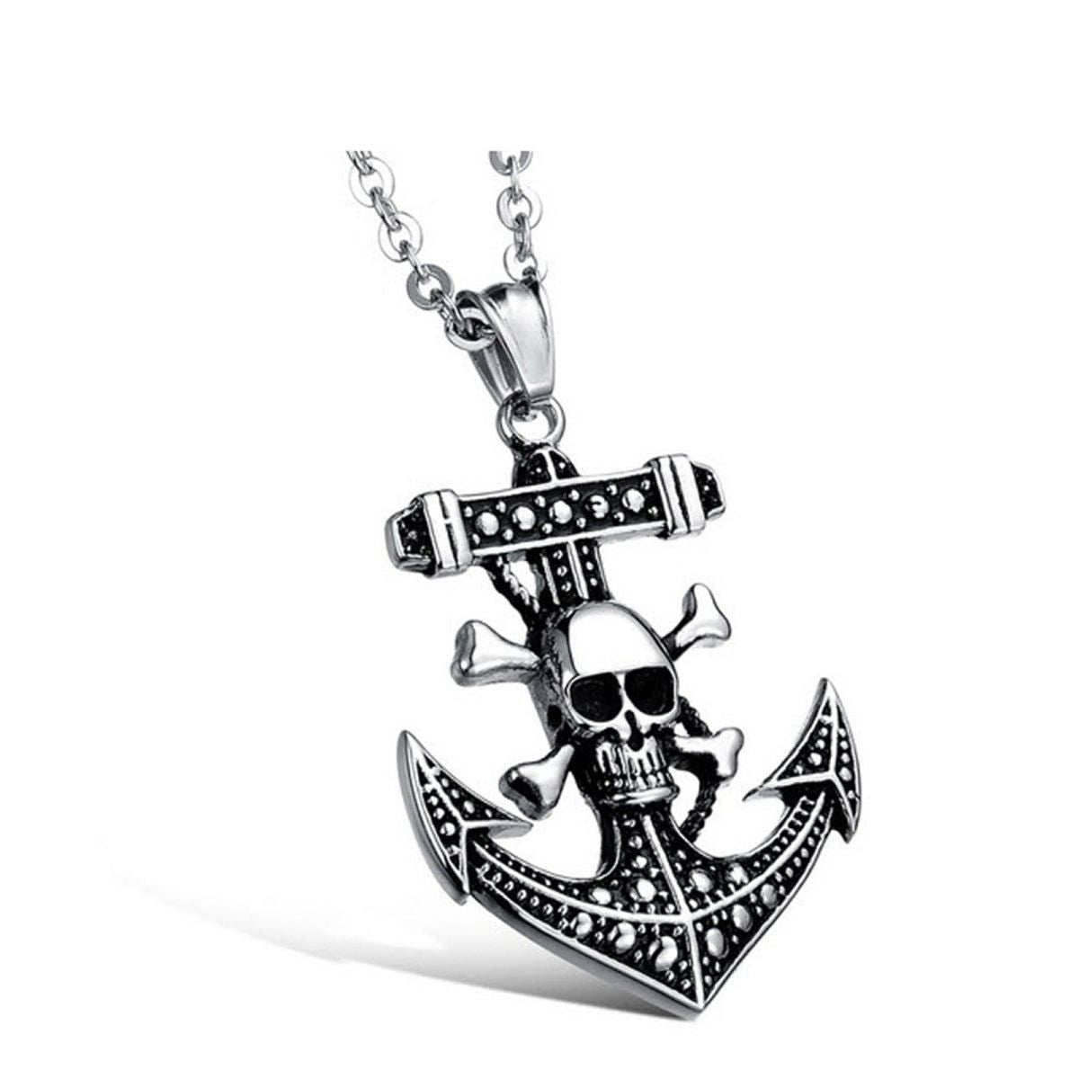 Vintage Marine Anchor Skull Pirate 316L Stainless Steel Pendant Chain