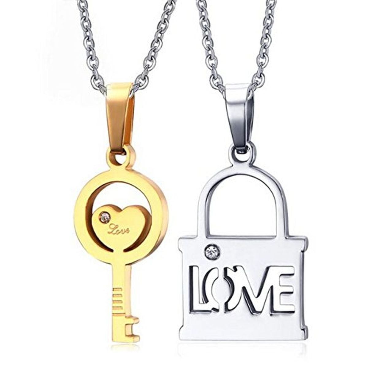 Couple Lovers I Love You Lock Key Stainless Steel Chain Pendant Combo