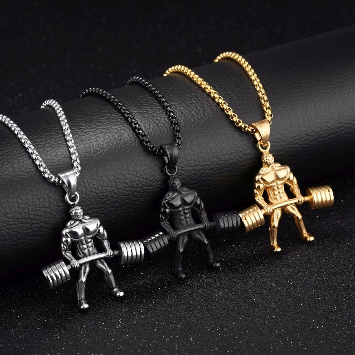 Barbell Dumbell Body Builder Weight Lifter Gold Stainless Steel Pendant Chain