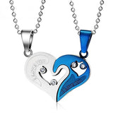 Couple Heart I Love You Blue Silver Stainless Steel Chain Pendant Combo