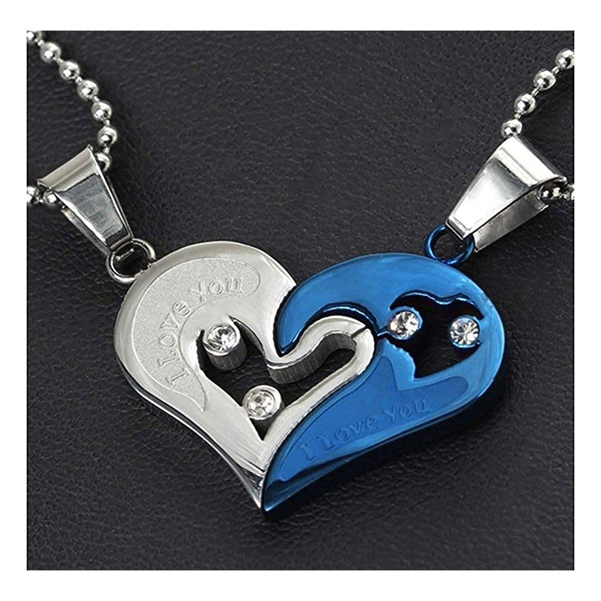 Couple Heart I Love You Blue Silver Stainless Steel Chain Pendant Combo